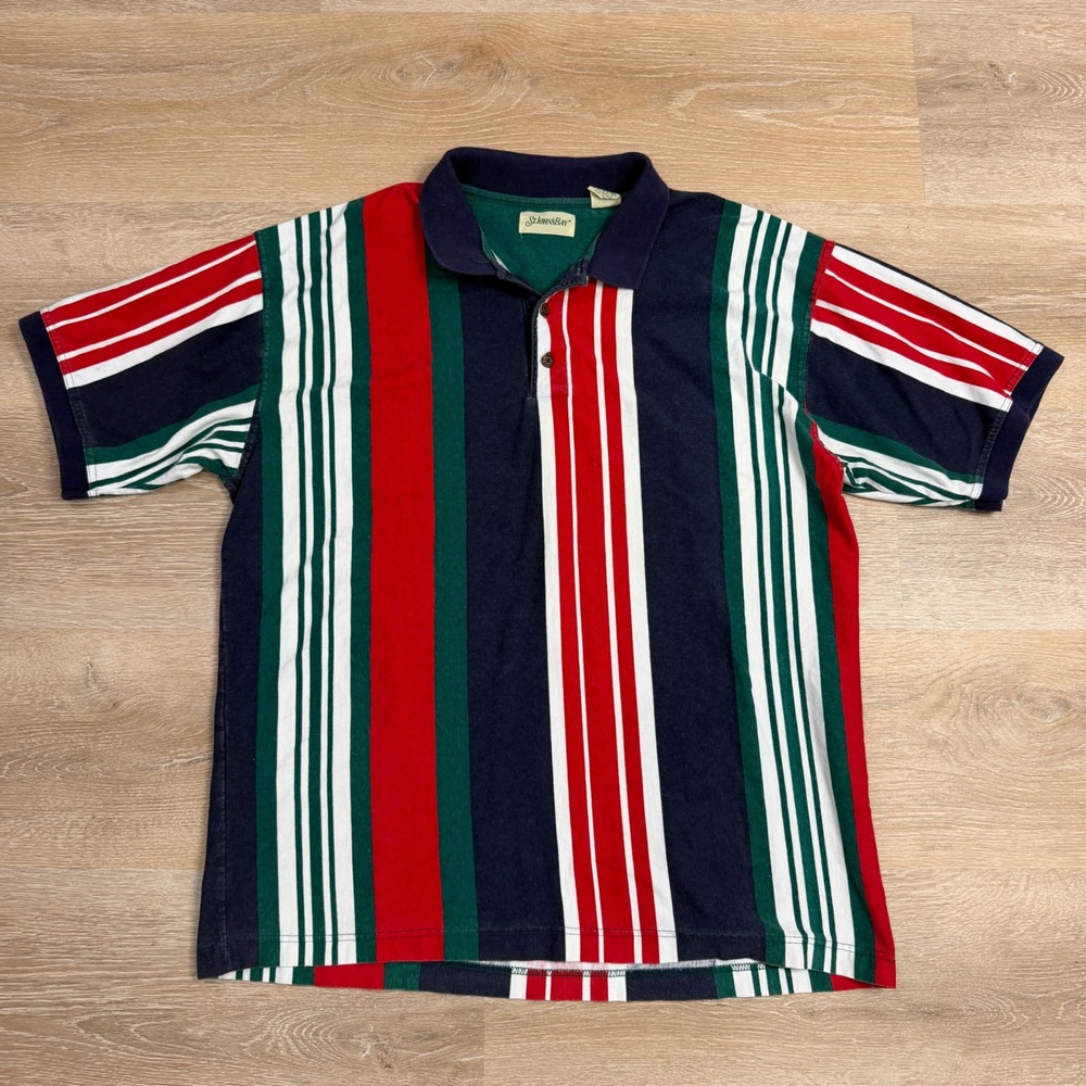 Vintage St Johns Bay Mens XL Vertical Stripe Polo Shirt Multicolor Made in USA